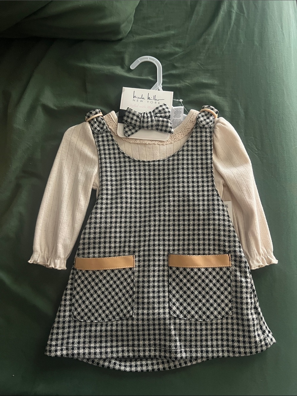 Nicole Miller Cream Top with Black & White Houndstooth Pinafore Set